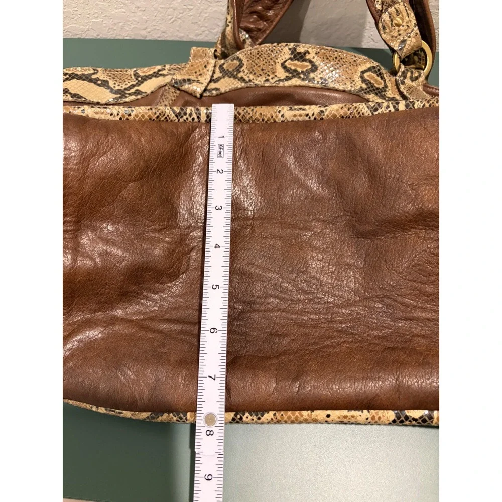 Kesslord Paris Brown Leather Snakeskin Trim Satchel Hobo Bag Brass Hardware